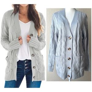 NWT PrettyGarden Gray Chunky Cable Knit Button-Front Cardigan – Size Small